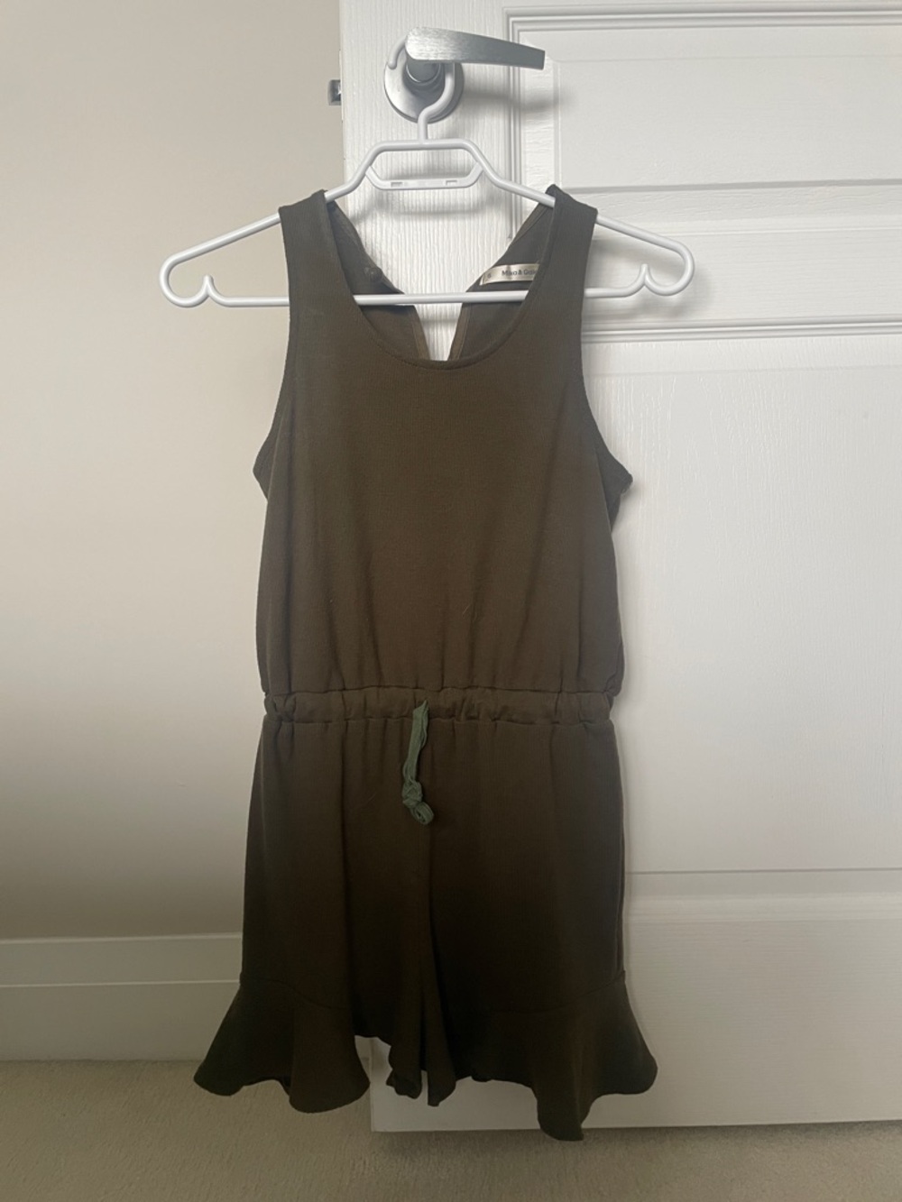 Olive Green Sleeveless Girls Romper with Drawstring Waist